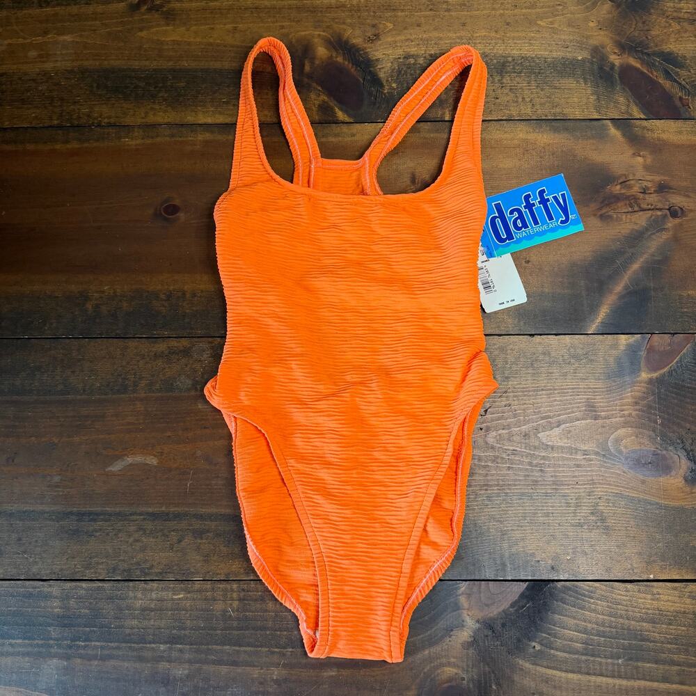 Vintage Deadstock Daffy Bright Orange Crinckle Texture One Piece Swimsuit SZ 7/8